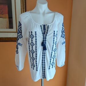 Boho Chic White and Blue Embroidered Blouse